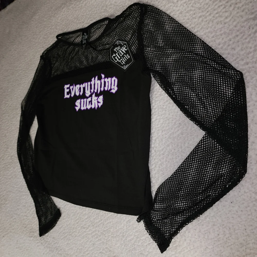 NWT Dolls Kill Black , Sheer Everything Sucks Long Sleeve Tee - Picture 7 of 10